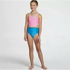 New DSG - S Girls One Piece with Cut Outs Aqua Blue Pink Swimsuit UPF